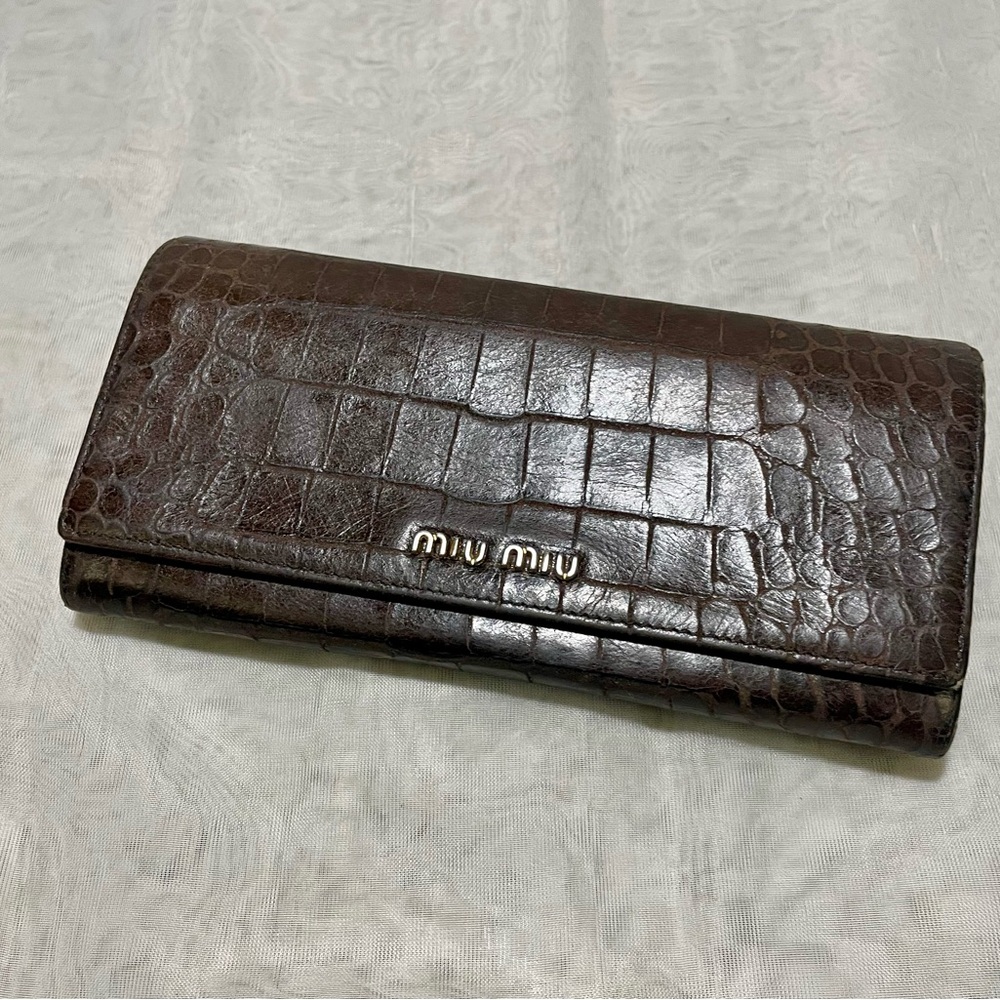 Miu Miu Dark Brown Croc-Embossed Leather Long Wallet